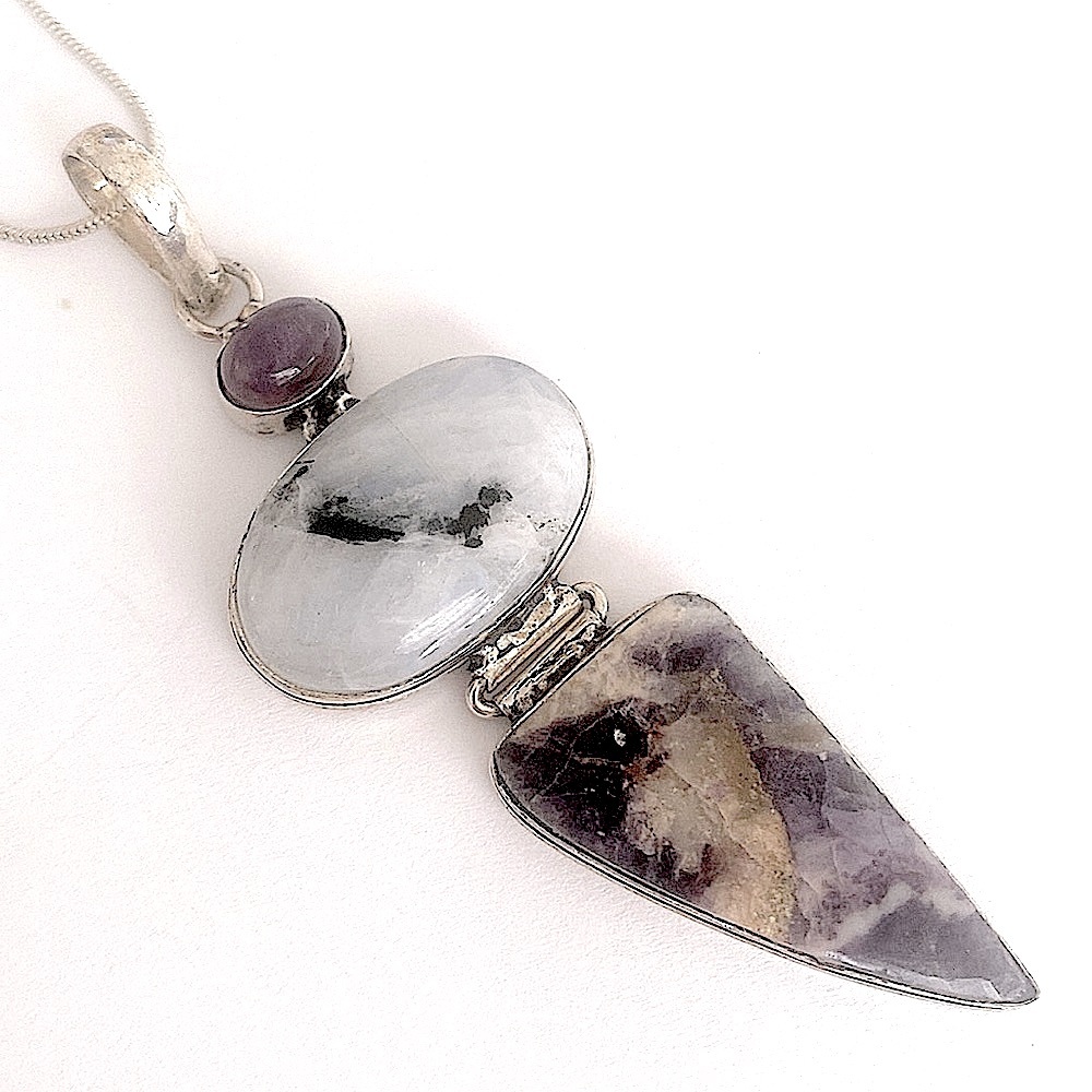 2 inch, Fluorite, Rainbow Moonstone, Amethyst pendant on a silver chain. - Picture 2 of 5